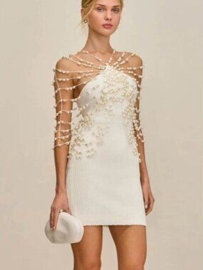 Cult Gaia Oliviana White Pearl Beaded Mini Dress - Size M